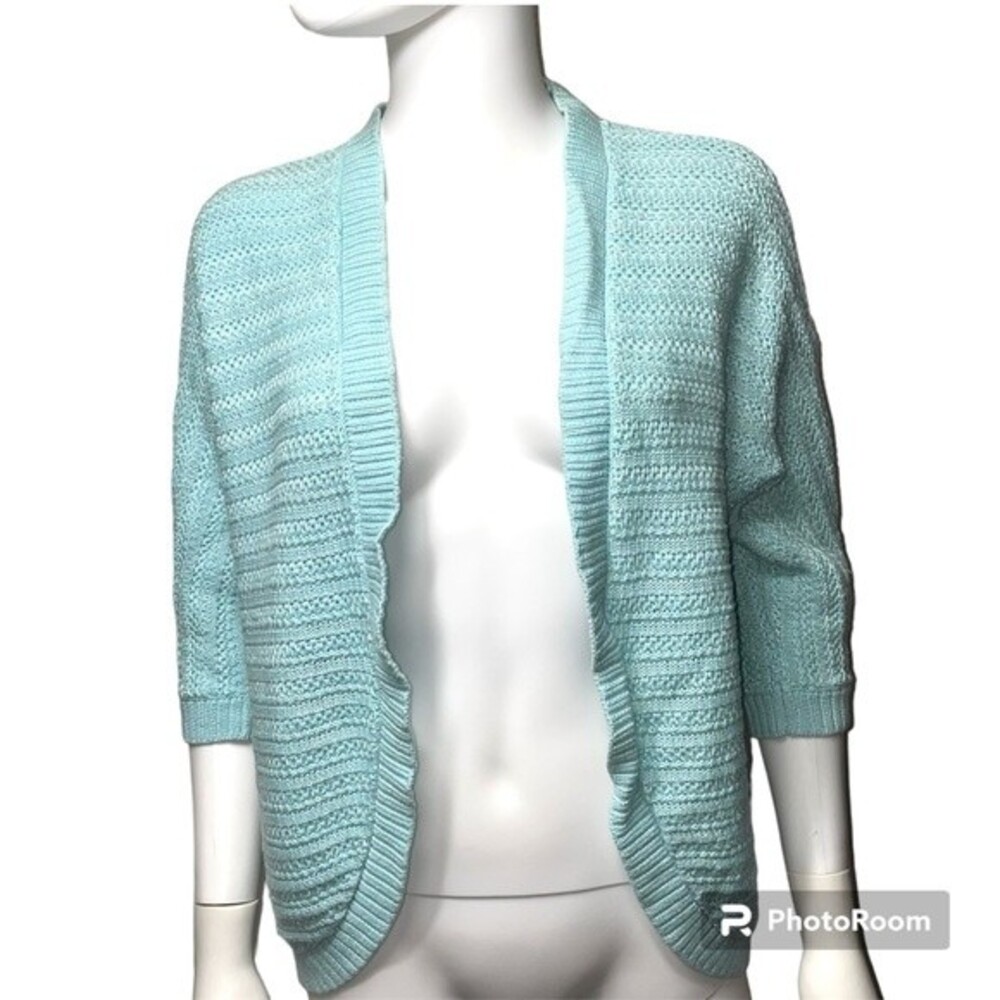 Chico's Aqua Blue Open Front Crochet Knit Cardigan Size Chico's 1 - Picture 1 of 9